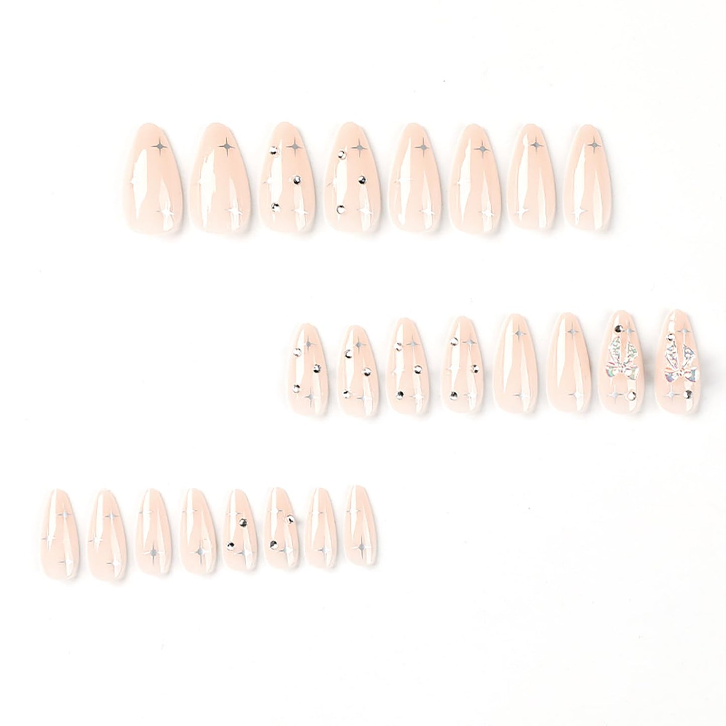 24PC Almond Glossy Press-On Nails - Medium Length, 3D Designs-Free Shipping