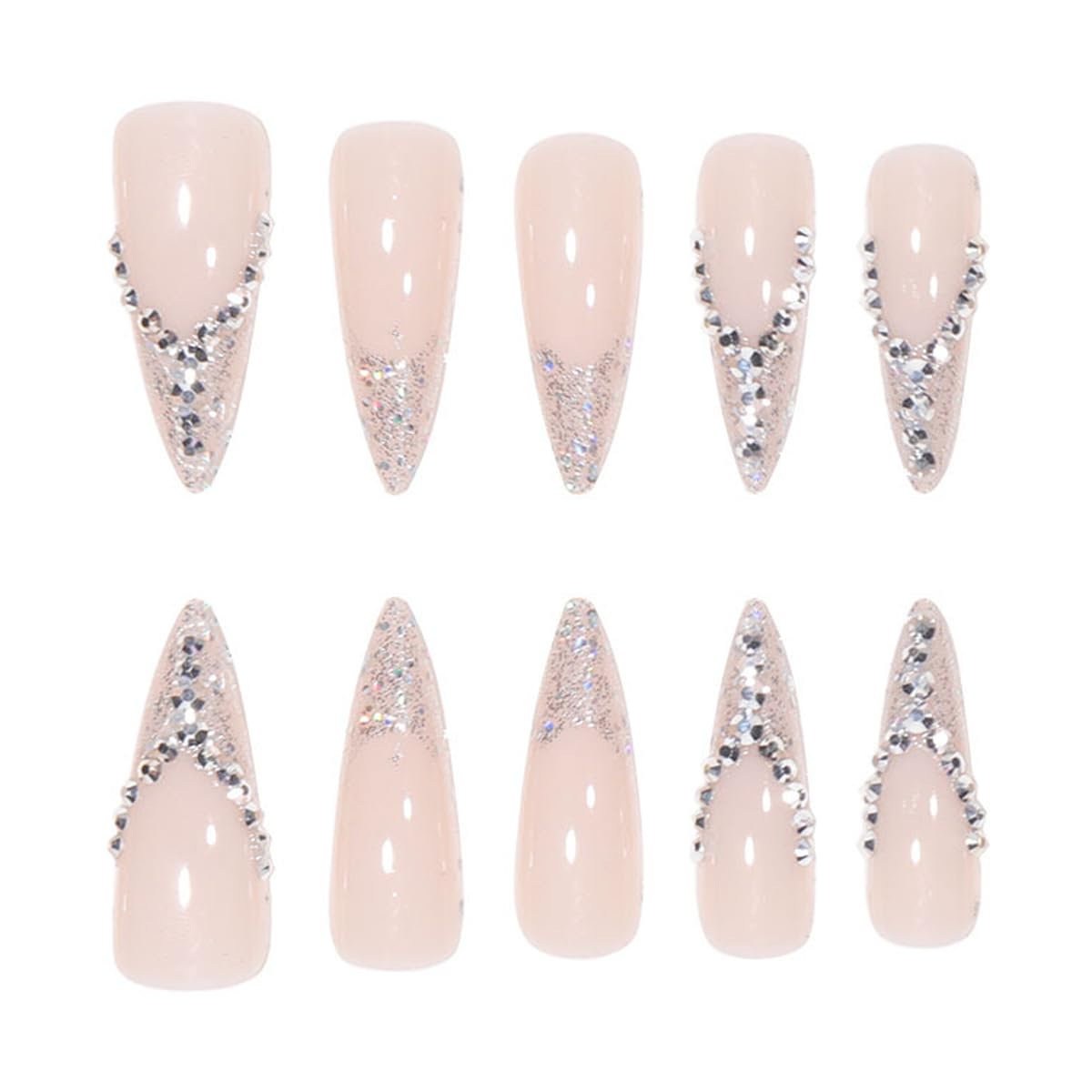 Stiletto Silver Glitter PressOn Long Fancy Fake Nails French Tips-Free Shipping