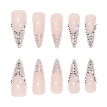 Stiletto Silver Glitter PressOn Long Fancy Fake Nails French Tips-Free Shipping