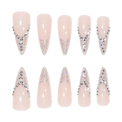 Stiletto Silver Glitter PressOn Long Fancy Fake Nails French Tips-Free Shipping