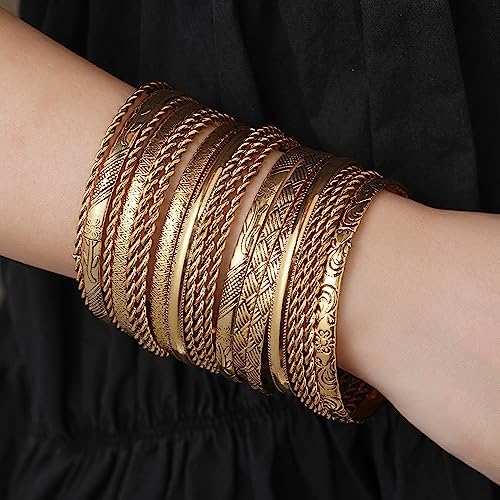 Gold and Silver Bangle Bracelet Sets - Multi-Layer Stackable Textured Bangles