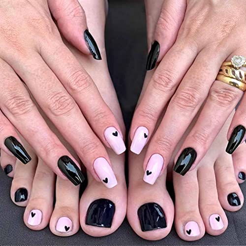 Stylish Black Pink Hearts Press-On Nail Set for Fingers and Toes, Shimmer and Glossy Finish-Free Shipping