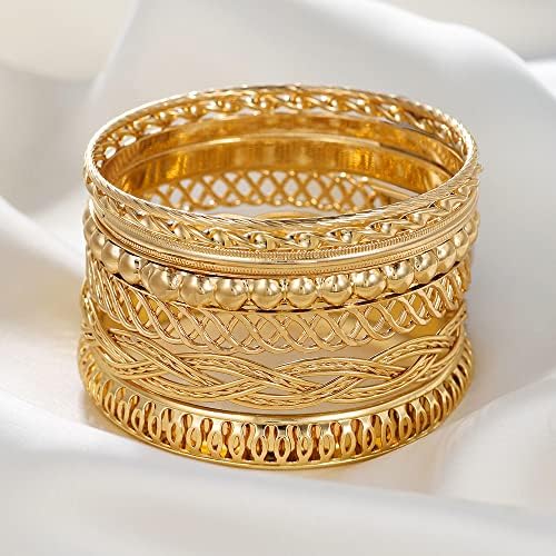 Gold and Silver Bangle Bracelet Sets - Multi-Layer Stackable Textured Bangles