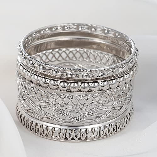 Gold and Silver Bangle Bracelet Sets - Multi-Layer Stackable Textured Bangles