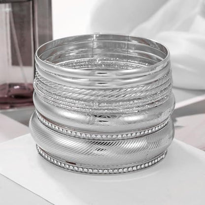 Gold and Silver Bangle Bracelet Sets - Multi-Layer Stackable Textured Bangles