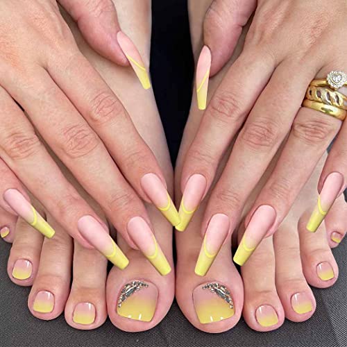 Trendy Yellow French Press-On Nail Set for Fingers and Toes, Shimmer and Glossy Finish-Free Shipping