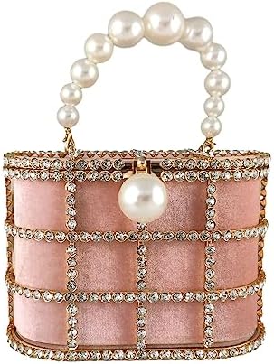 Glamorous Rhinestone-Encrusted Bucket Clutch - Elegant Pearl Handle Detail for Special Occasions