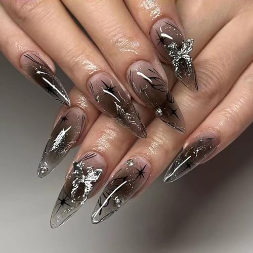 24PC Almond Glossy Press-On Nails - Medium Length, 3D Designs-Free Shipping