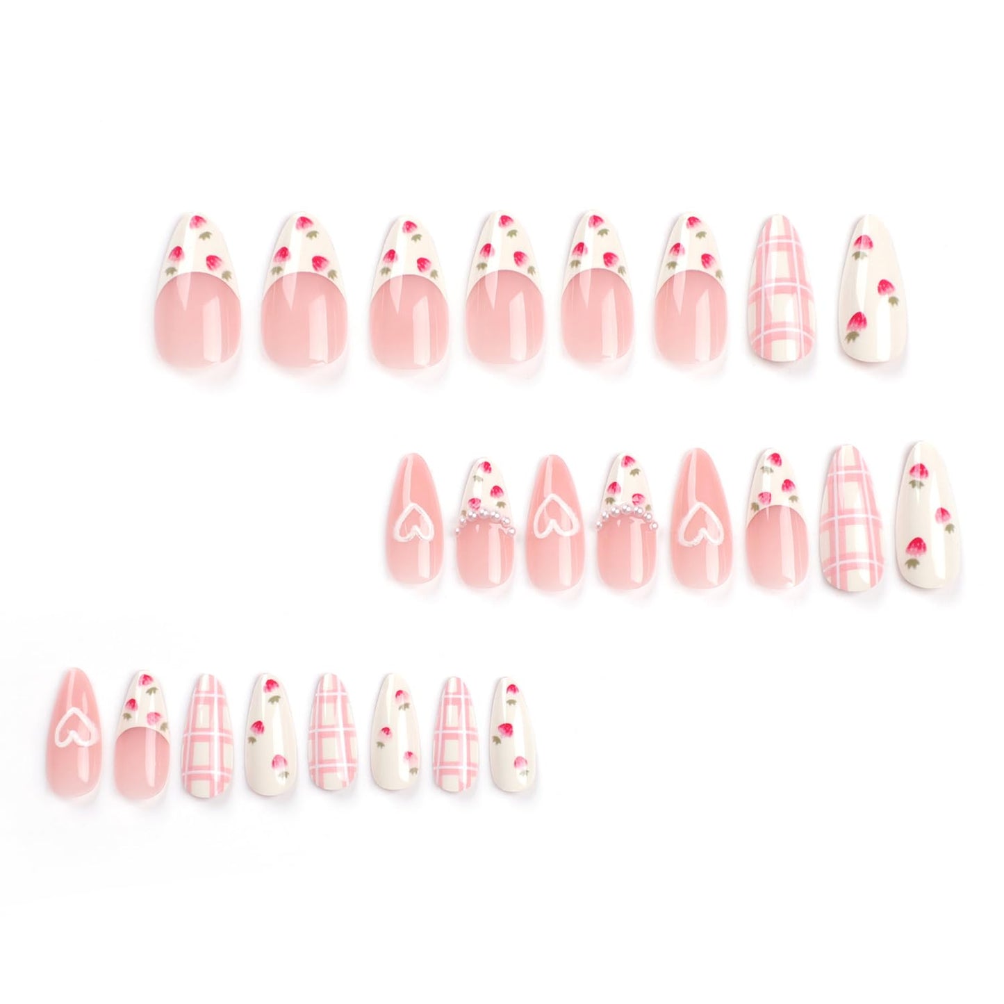 24PC Almond Glossy Press-On Nails - Medium Length, 3D Designs-Free Shipping