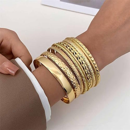 Gold and Silver Bangle Bracelet Sets - Multi-Layer Stackable Textured Bangles