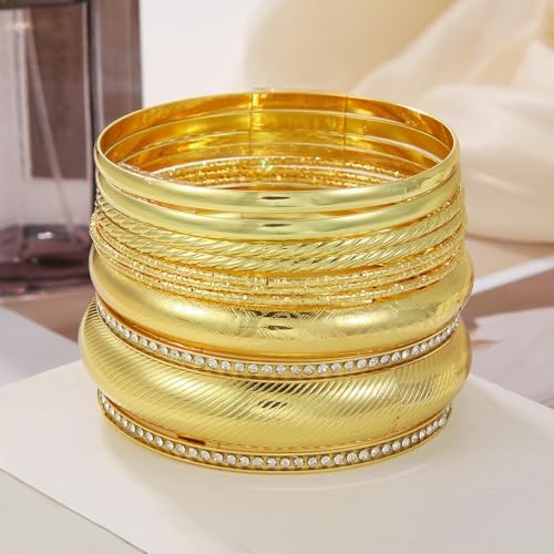 Gold and Silver Bangle Bracelet Sets - Multi-Layer Stackable Textured Bangles