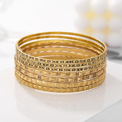 Gold and Silver Bangle Bracelet Sets - Multi-Layer Stackable Textured Bangles