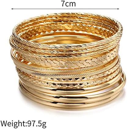 Gold and Silver Bangle Bracelet Sets - Multi-Layer Stackable Textured Bangles