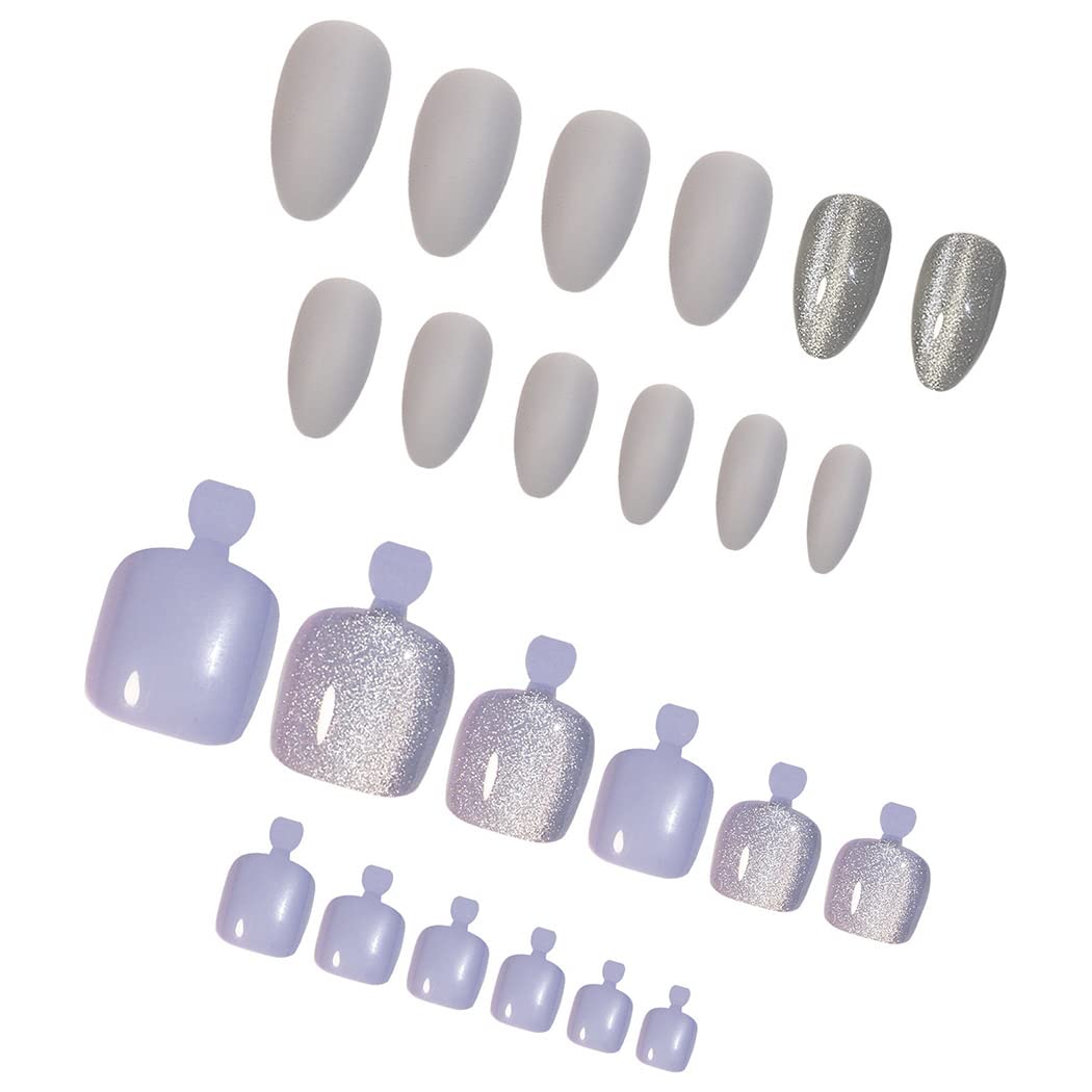 Stylish Silver Press-On Nail Set for Fingers and Toes, Shimmer and Glossy Finish-Free Shipping