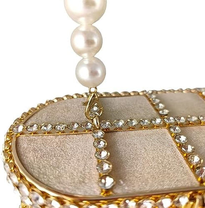 Glamorous Rhinestone-Encrusted Bucket Clutch - Elegant Pearl Handle Detail for Special Occasions