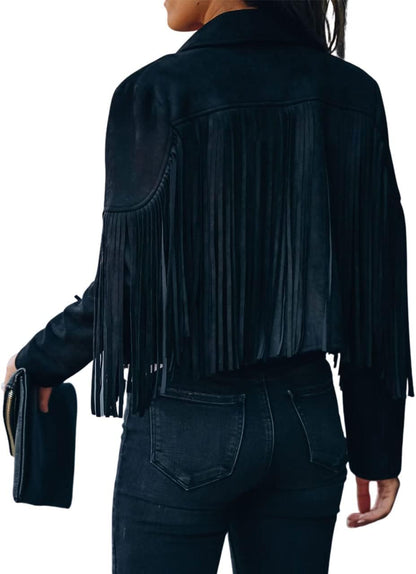 black leather cropped jacket with tassels