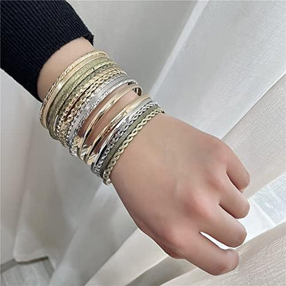 Gold and Silver Bangle Bracelet Sets - Multi-Layer Stackable Textured Bangles