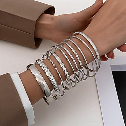 Gold and Silver Bangle Bracelet Sets - Multi-Layer Stackable Textured Bangles