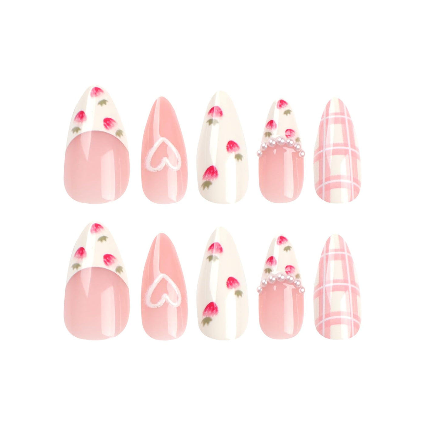 24PC Almond Glossy Press-On Nails - Medium Length, 3D Designs-Free Shipping