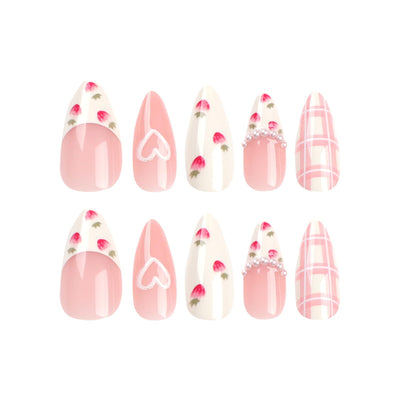 24PC Almond Glossy Press-On Nails - Medium Length, 3D Designs-Free Shipping