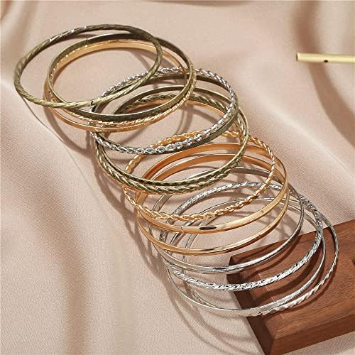 Gold and Silver Bangle Bracelet Sets - Multi-Layer Stackable Textured Bangles