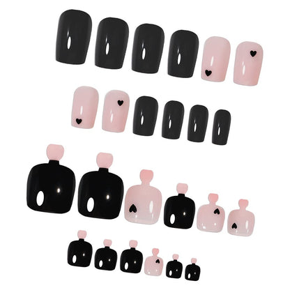 Stylish Black Pink Hearts Press-On Nail Set for Fingers and Toes, Shimmer and Glossy Finish-Free Shipping