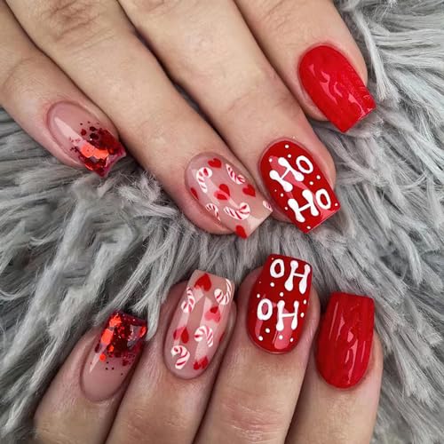 Christmas Santa Design Press-On Nails Short Square Acrylic Set 24pcs Stick-On Manicure-Free Shipping