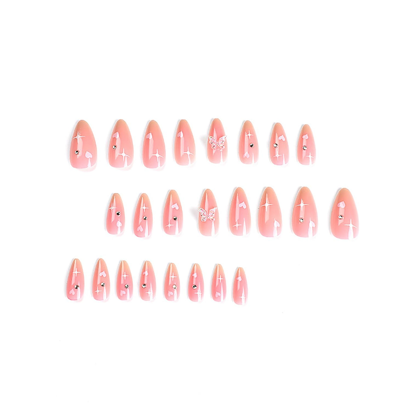 24PC Almond Glossy Press-On Nails - Medium Length, 3D Designs-Free Shipping