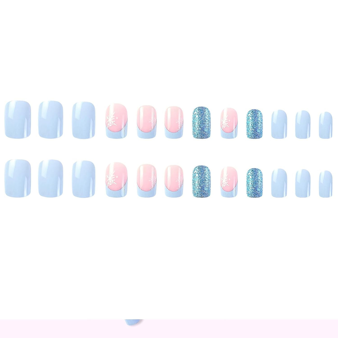 Christmas Blue Pink Flakes Design Press-On Nails Short Square Acrylic Set 24pcs Stick-On Manicure-Free Shipping