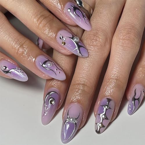 24PC Almond Glossy Press-On Nails - Medium Length, 3D Designs-Free Shipping