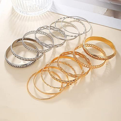 Gold and Silver Bangle Bracelet Sets - Multi-Layer Stackable Textured Bangles