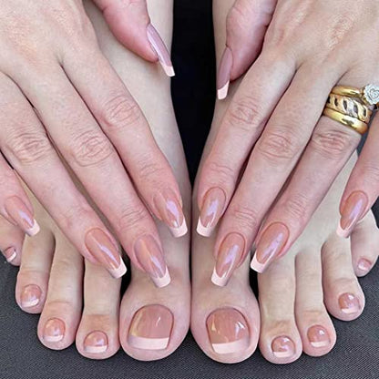 Classic Nude French Press-On Nail Set for Fingers and Toes, Shimmer and Glossy Finish-Free Shipping