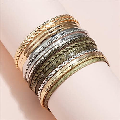 Gold and Silver Bangle Bracelet Sets - Multi-Layer Stackable Textured Bangles