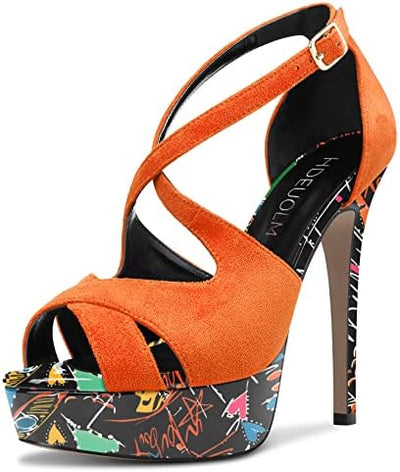 Vibrant Statement Pop Art Stiletto Platform Ankle Strap Heels 4.7in