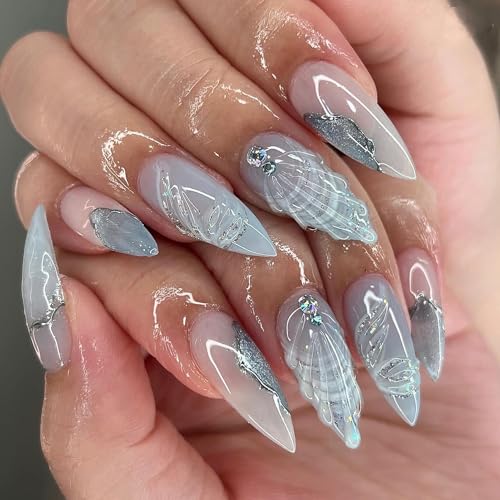 24PC Almond Glossy Press-On Nails - Medium Length, 3D Designs-Free Shipping