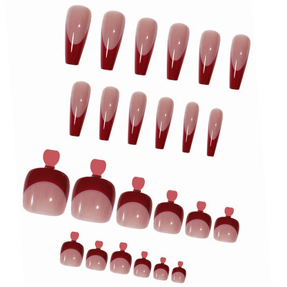 Chic Red French Press-On Nail Set for Fingers and Toes, Shimmer and Glossy Finish-Free Shipping