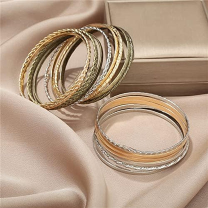 Gold and Silver Bangle Bracelet Sets - Multi-Layer Stackable Textured Bangles