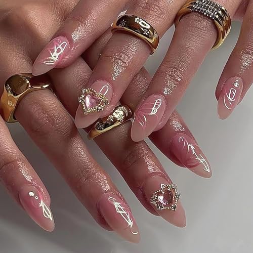 24PC Almond Glossy Press-On Nails - Medium Length, 3D Designs-Free Shipping