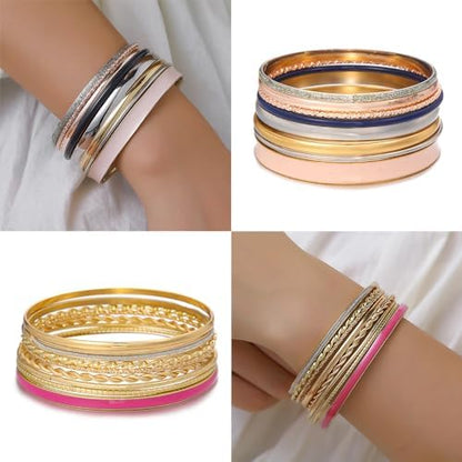 Gold and Silver Bangle Bracelet Sets - Multi-Layer Stackable Textured Bangles