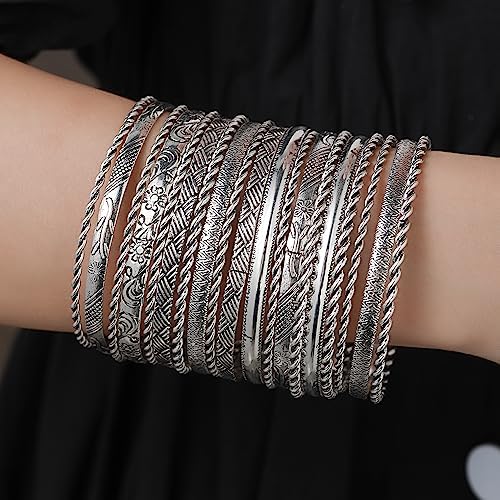 Gold and Silver Bangle Bracelet Sets - Multi-Layer Stackable Textured Bangles