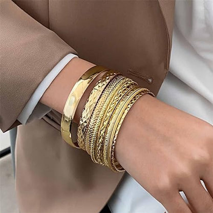 Gold and Silver Bangle Bracelet Sets - Multi-Layer Stackable Textured Bangles