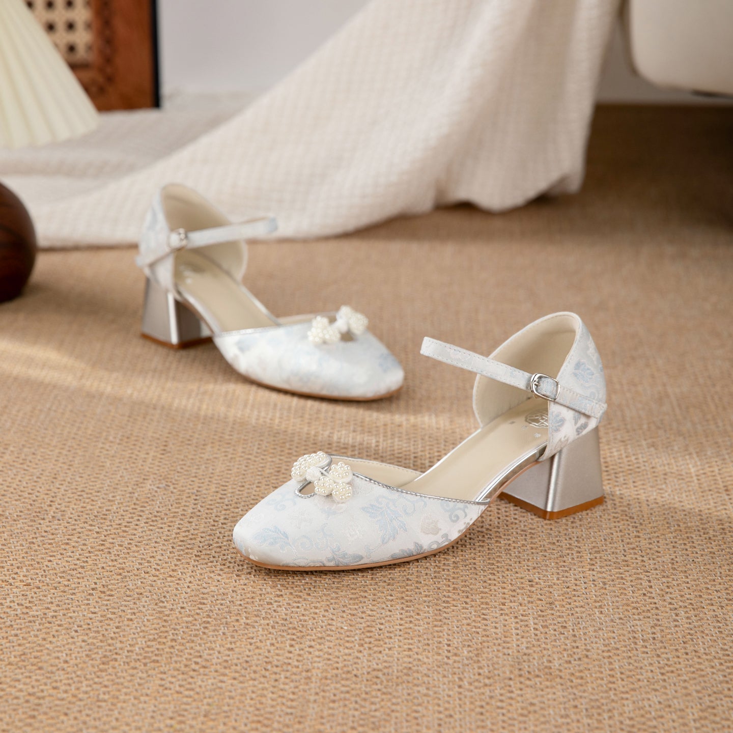 Jacquard  Pearl Bow Square-Toe Chunky Platform Heel Shoes - Free Shipping