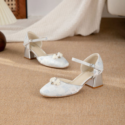 Jacquard  Pearl Bow Square-Toe Chunky Platform Heel Shoes - Free Shipping