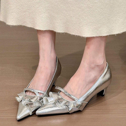 French-Style Kitten Heels with Ruffled Hem & Bow Tie - Free Shipping