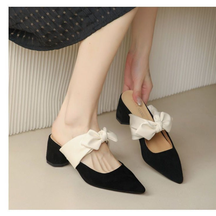 Chunky Heel Pointed Toe Slip-On Block Heels with Bow - Free Shipping
