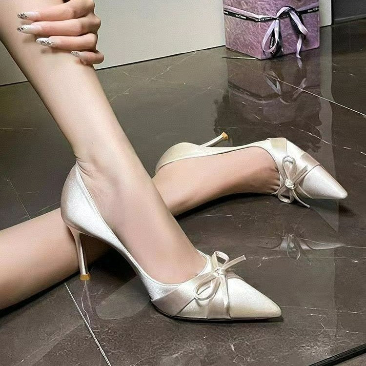 Pointed Toe Square Heel Satin Stiletto Heels -  Free Shipping