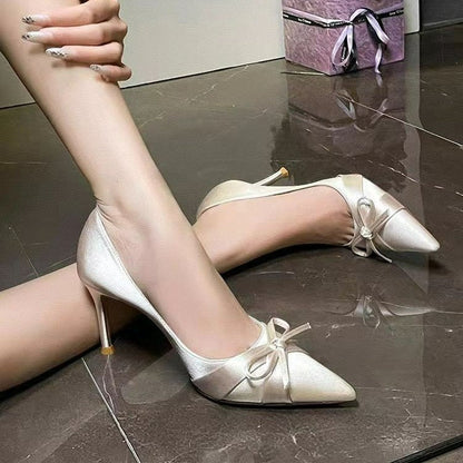 Pointed Toe Square Heel Satin Stiletto Heels -  Free Shipping