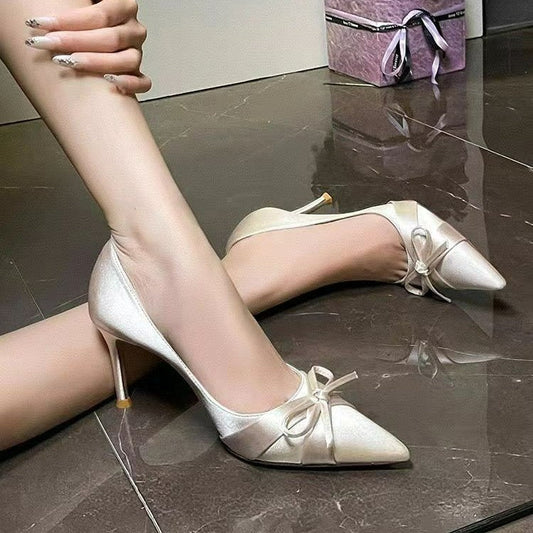 Pointed Toe Square Heel Satin Stiletto Heels -  Free Shipping