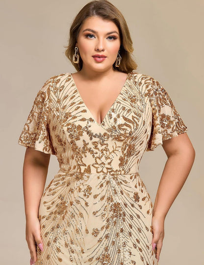 Stunning Plus Size Sequin V-Neck Flutter Sleeve Maxi Dress - Free Shipping