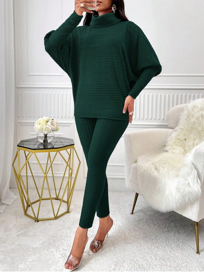 Chic 2-Piece Light Gray Solid Ribbed Turtleneck Batwing Sweater & Leggings Set - Free Shipping